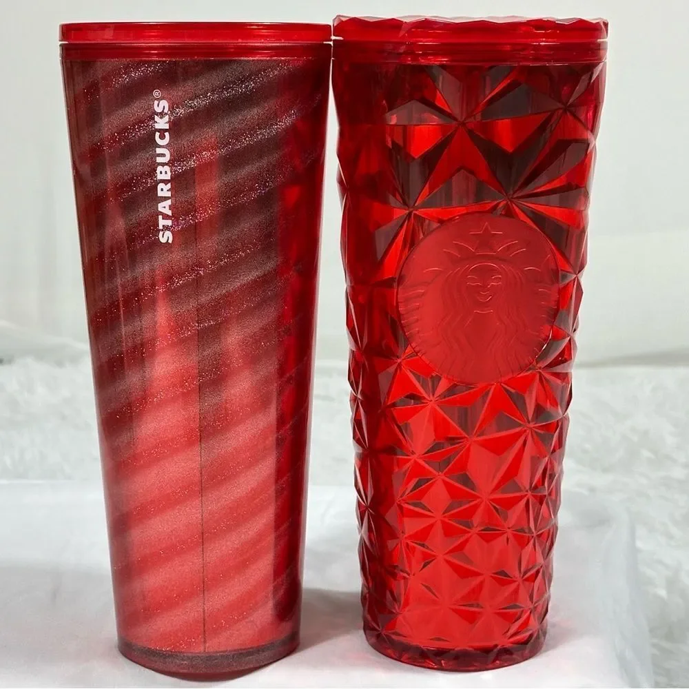 2 Starbucks Holiday Cold Cup Tumbler 24 Oz Red Prism, Peppermint. NO STRAW